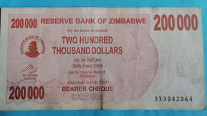 Simbawe 200.000 Dollar Reserve Bank of Zimbawe 2008